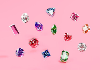 Poster - Colorful diamonds isolated on pink background 3d rendering