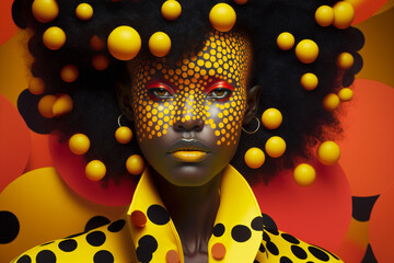 beautiful black model with rounded spheres polka dot around , pop colorful optical style and makeup, looking at camera, generative ai illustration