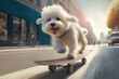 Skateboarding dog. Funny maltese dog rides skateboard in summer city. Ai generative illustration.