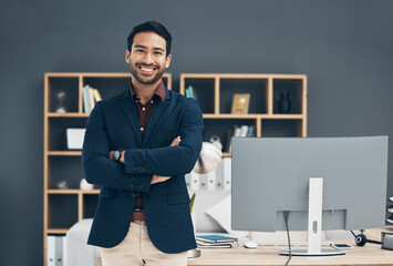 Aufkleber - Office portrait, confident smile and man happy for startup law firm, corporate development or company success. Happiness, workplace and Taiwan lawyer with pride in career, job or professional growth