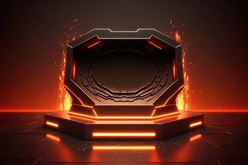 Poster - Futuristic portal. Podium, pedestal, platform. Cyberpunk modern blank space. technological background,digital hi-tech elements for presentation product.