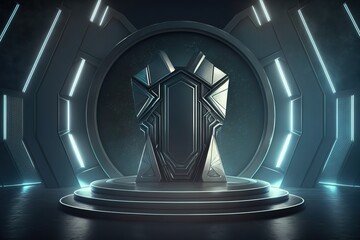 Poster - Futuristic portal. Podium, pedestal, platform. Cyberpunk modern blank space. technological background,digital hi-tech elements for presentation product.