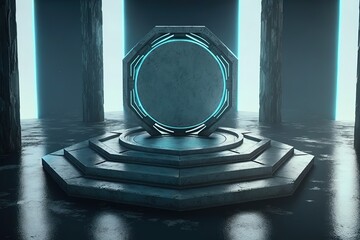 Poster - Futuristic portal. Podium, pedestal, platform. Cyberpunk modern blank space. technological background,digital hi-tech elements for presentation product.