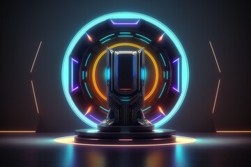 Poster - Futuristic portal. Podium, pedestal, platform. Cyberpunk modern blank space. technological background,digital hi-tech elements for presentation product.
