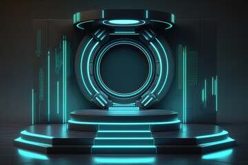 Poster - Futuristic portal. Podium, pedestal, platform. Cyberpunk modern blank space. technological background,digital hi-tech elements for presentation product.