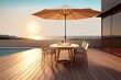 round composite table with dining chairs, set on a wooden deck with a pool view and a colourful umbrella (AI Generated)