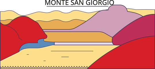 Italy, Monte San Giorgio tourism landmarks, vector city travel illustration