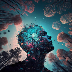 Wall Mural -  illustration of man profile with forest and blue sky
