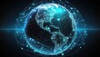 © QuietWord - earth planet with glow light trail line and spot around the world, idea for futuristic technology communication and real time data transmitting, Generative Ai