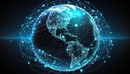 earth planet with glow light trail line and spot around the world, idea for futuristic technology communication and real time data transmitting, Generative Ai