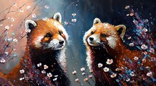 Red Panda Family, Cute Animal Smile Face In Spring Flower Gardens, Idea For Children Room Wall Decor Or Animal Wallpaper, Generative Ai