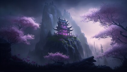 beautiful scenery in night time of Asian ancient palace in spring time with cherry blossom tree and mountain as background Generative Ai