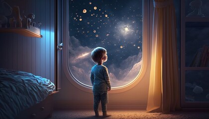 Wall Mural - a kid watching out at big window open to galaxy sky, midnight time, idea for imagination and dream concept, Generative Ai