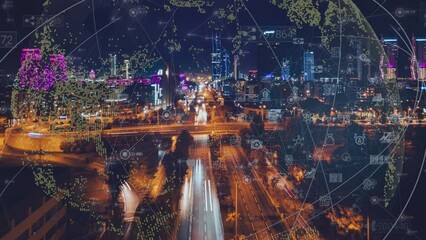 Cityscape with futuristic network connection and data communication. Technology concept. Hyperlapse. High quality 4k footage