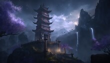 Beautiful Scenery In Night Time Of Asian Ancient Palace In Spring Time With Cherry Blossom Tree And Mountain As Background Generative Ai