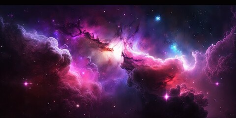 Wall Mural - pink and purple nebula on galaxy background repeated twice, generative ai