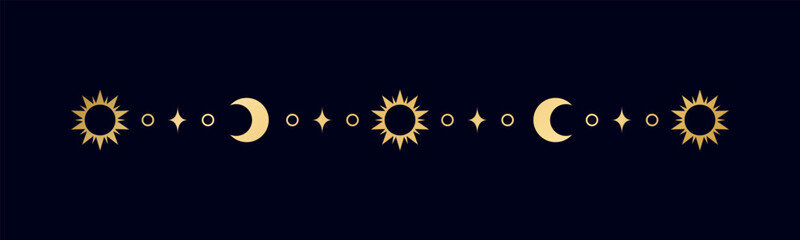 Wall Mural - Gold celestial separator with sun, stars, moon phases, crescents. Ornate boho mystic divider decorative element