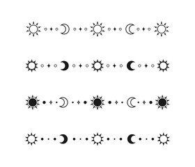 Wall Mural - Celestial mystic separator set with sun, stars, moon phases, crescents. Ornate boho magical divider decorative element