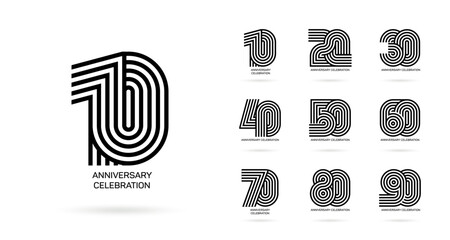 set 10th anniversary 10 20 30 40 50 60 70 80 90 vector template. designs for birthday celebrations, 