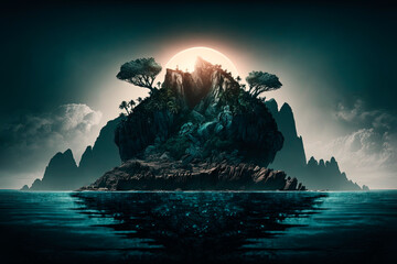 Wall Mural - A mysterious island emerges from the depths waters. Generative AI