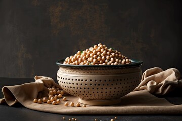 bowl of legumes in form of gently beige chickpeas seeds on dark table, created with generative ai