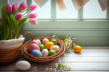 Wall Mural -  basket with easter eggs on kitchen Generative AI