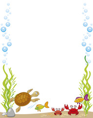 vector cartoon border, illustration of the underwater world with crabs, fishes, sandy bottom, rocks, algae, bubbles white background