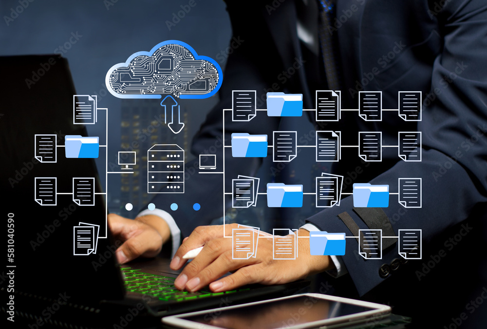 Computer Network Files Exchange businessman using FTP (File Transfer Protocol) to exchange and transfer ...