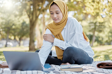 muslim, student and woman with laptop in park for elearning, studying or knowledge research. islamic