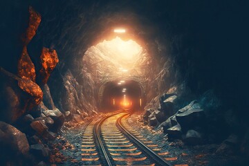 Wall Mural - underground mining tunnel with rails, coal extraction industry, created with generative ai