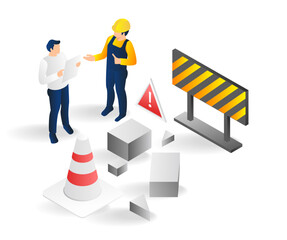 Isometric flat 3d illustration concept of warning of an incident at work