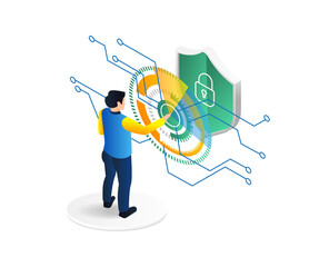 Aufkleber - Isometric flat 3d illustration concept of man pushing a digital transformation security button