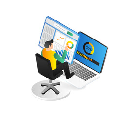 Poster - Isometric flat 3d illustration concept of man maintaining application computer