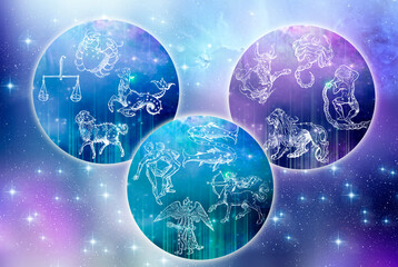 Wall Mural - zodiac signs in cardinal, fixed, mutable groups over starry background like astrology concept