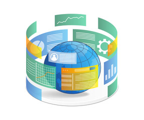 Sticker - Isometric flat 3d illustration concept of internet information analysis screen around the earth