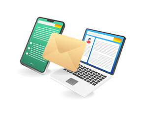 Poster - Isometric flat 3d illustration concept of emailing smartphone and computer