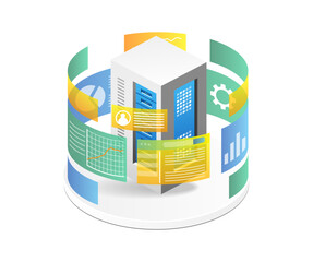 Poster - Isometric flat 3d illustration concept of analyzer screen surrounding server