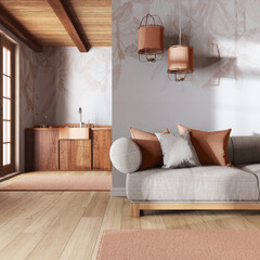 Poster - Japandi trendy living room and kitchen in orange and beige tones with wallpaper. Wooden cabinets, modern fabric sofa. Minimal interior design