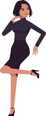 businesswoman corporate executive, motivational speaker, black turtleneck, skirt standing lean