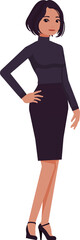 businesswoman corporate executive, motivational speaker in black turtleneck, skirt posing