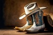 light cowboy boots with rodeo hat on ranch, created with generative ai