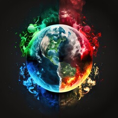 earth suspended in deep space with the four elements air fire water generative ai illustration