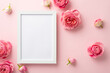 Mother's Day concept. Top view photo of photo frame and pink peony roses on isolated pastel pink background with blank space