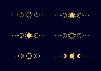 Wall Mural - Gold celestial text divider with sun, stars, moon phases, crescents. Ornate boho mystic separator decorative element