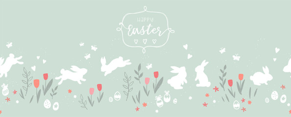 Wall Mural - Cute hand drawn easter bunnies horizontal seamless pattern, easter doodle background, great for textiles, banners, wallpapers, wrapping - vector design