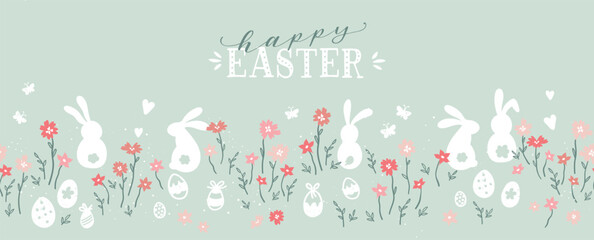 cute hand drawn easter bunnies horizontal seamless pattern, easter doodle background, great for text