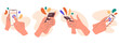 Cartoon hands holding smartphone. Human hand touch screen, mobile phones users. Fingers scrolling and tapping device screens flat vector illustration set
