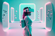 © saquizeta - Young woman with VR headset in futuristic room iexploring the metaverse. Illustration. Generative AI