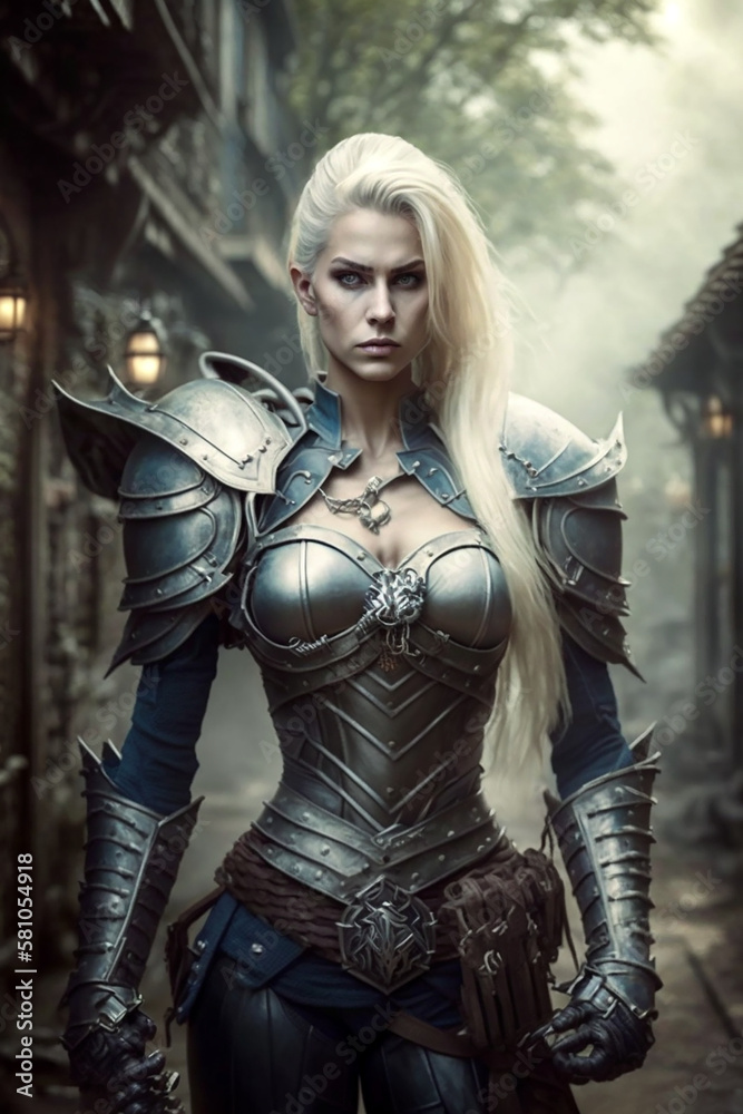 Portrait of a blonde female knight in heavy metal armor. Standing in ...