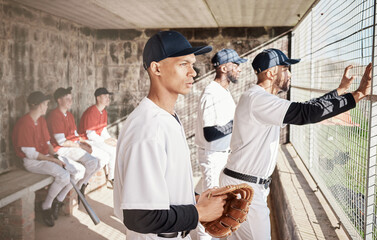 Wall Mural - Baseball, sports and player with team in stadium watching games, practice match and competition on field. Fitness, teamwork and male athlete in dugout spectate exercise, training and sport workout